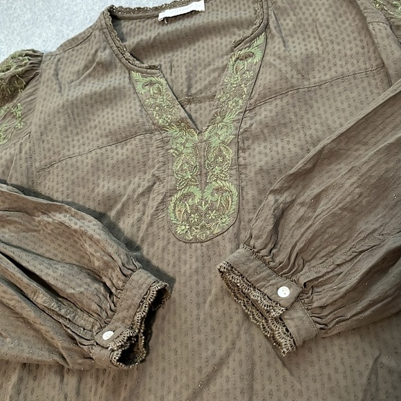 Lucky Brand Embroidered Top Womens XL Boho Olive Green Longsleeve Viscose - Picture 4 of 12